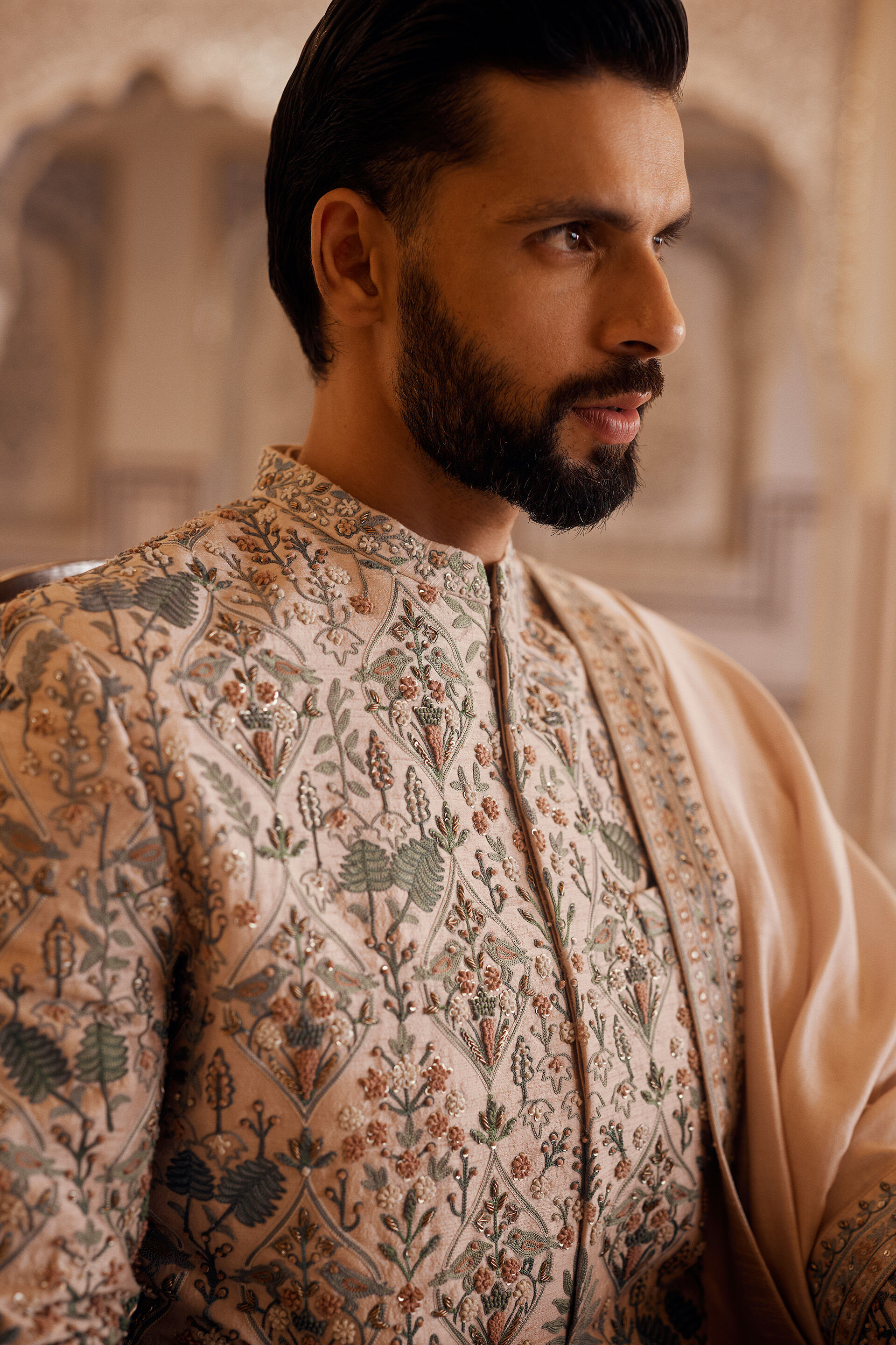 Almir Aari Embroidered Silk Sherwani - Champagne, Champagne, image 5